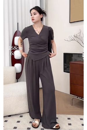 Plus Size Summer Casual Set for Women - Slimming Waist Short Sleeve T-Shirt and Wide Leg Pants - Trendy Lightweight Outfit