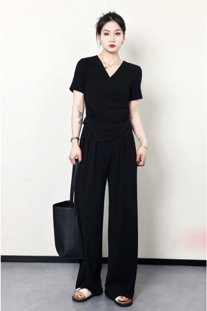 Plus Size Summer Casual Set for Women - Slimming Waist Short Sleeve T-Shirt and Wide Leg Pants - Trendy Lightweight Outfit