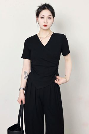 Plus Size Summer Casual Set for Women - Slimming Waist Short Sleeve T-Shirt and Wide Leg Pants - Trendy Lightweight Outfit