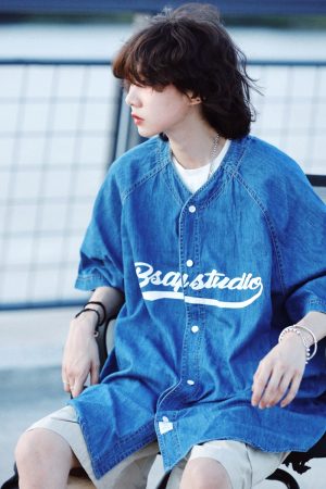 Plus Size Summer Denim Shirt for Women - Loose Fit Short Sleeve Retro Street Style Top