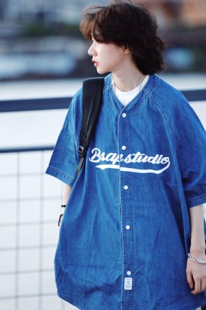 Plus Size Summer Denim Shirt for Women - Loose Fit Short Sleeve Retro Street Style Top