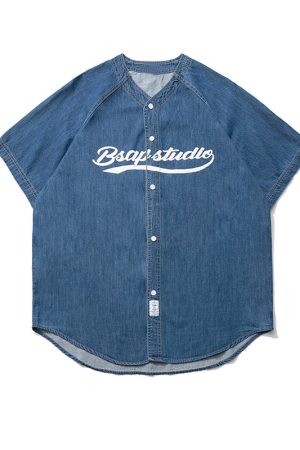 Plus Size Summer Denim Shirt for Women - Loose Fit Short Sleeve Retro Street Style Top