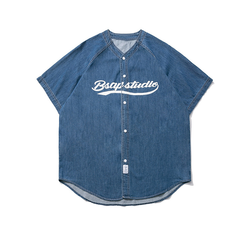 Plus Size Summer Denim Shirt for Women - Loose Fit Short Sleeve Retro Street Style Top Plus Size Summer Denim Shirt for Women - Loose Fit Short Sleeve Retro Street Style Top