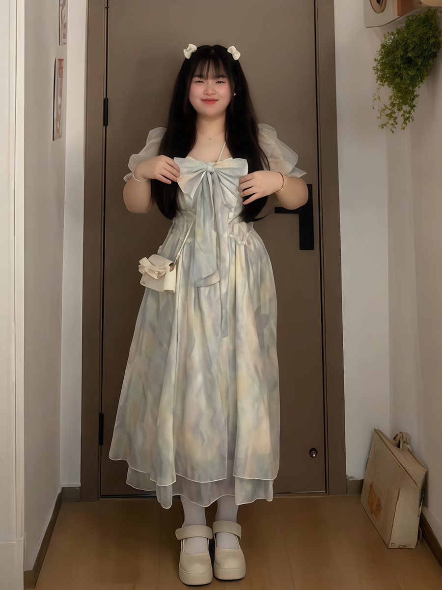 Plus-Size Summer Floral Water Wave Dress for Women, French Style Flattering Waist Fairy Dress, Elegant Blue 90s Inspired Fashion Plus-Size Summer Floral Water Wave Dress for Women, French Style Flattering Waist Fairy Dress, Elegant Blue 90s Inspired Fashion