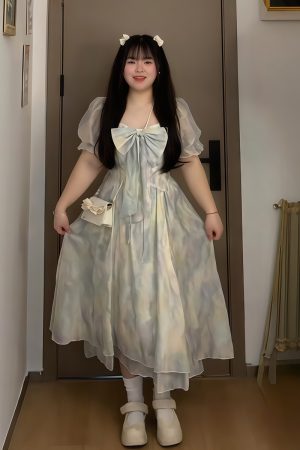 Plus-Size Summer Floral Water Wave Dress for Women, French Style Flattering Waist Fairy Dress, Elegant Blue 90s Inspired Fashion