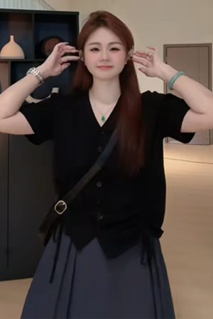 Plus Size Summer Niche Top with Shoulder Drawstring, Loose Fit V-Neck Short Sleeve T-Shirt for Curvy Women, Flattering Style