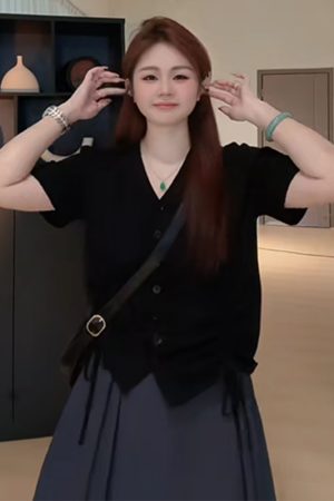 Plus Size Summer Niche Top with Shoulder Drawstring, Loose Fit V-Neck Short Sleeve T-Shirt for Curvy Women, Flattering Style