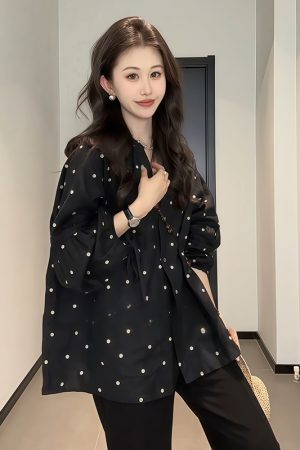 Plus-Size V-Neck Black Polka Dot Lantern Sleeve Shirt for Women - Stylish Spring Summer Top, Flattering Fit