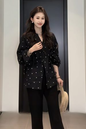Plus-Size V-Neck Black Polka Dot Lantern Sleeve Shirt for Women - Stylish Spring Summer Top, Flattering Fit