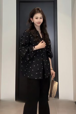 Plus-Size V-Neck Black Polka Dot Lantern Sleeve Shirt for Women - Stylish Spring Summer Top, Flattering Fit