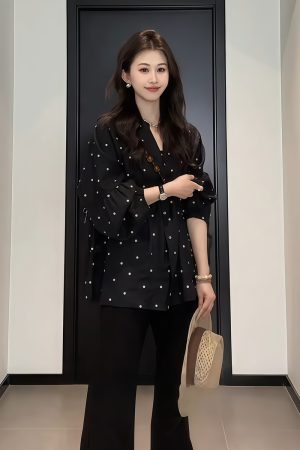Plus-Size V-Neck Black Polka Dot Lantern Sleeve Shirt for Women - Stylish Spring Summer Top, Flattering Fit