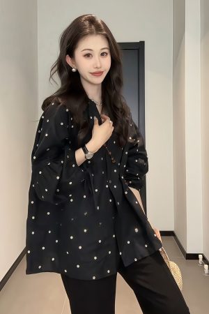 Plus-Size V-Neck Black Polka Dot Lantern Sleeve Shirt for Women - Stylish Spring Summer Top, Flattering Fit