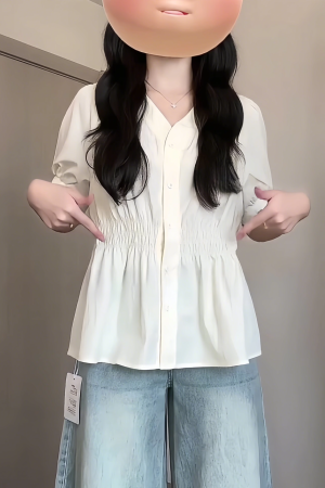 Plus-Size V-Neck Short-Sleeve Summer Top - Flattering Waist-Cinching Design for Curvy Figures, Versatile and Stylish for Any Occasion