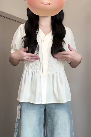 Plus-Size V-Neck Short-Sleeve Summer Top - Flattering Waist-Cinching Design for Curvy Figures, Versatile and Stylish for Any Occasion