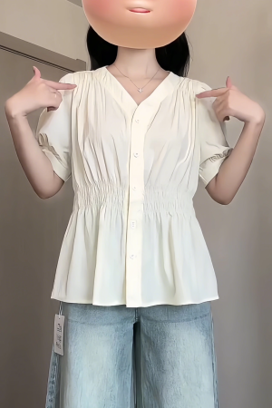 Plus-Size V-Neck Short-Sleeve Summer Top - Flattering Waist-Cinching Design for Curvy Figures, Versatile and Stylish for Any Occasion