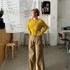 Plus Size Vintage American High Waist Wide Leg Jeans for Women, Autumn Winter Leaf Yellow Flared Workwear Pants
