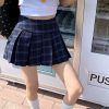 Plus Size Vintage Blue Plaid Pleated Skirt for Women - High Waist Slimming A-Line Design, Short Skirt for Curvy Girls