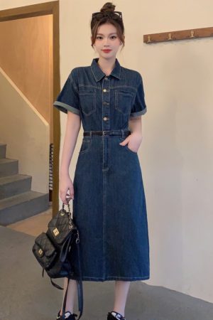 Plus-Size Vintage Denim Dress for Women, Summer A-Line Skirt, Flattering Fit, Chic Hong Kong Style, Perfect for Curvy Figures
