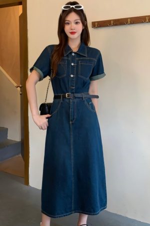 Plus-Size Vintage Denim Dress for Women, Summer A-Line Skirt, Flattering Fit, Chic Hong Kong Style, Perfect for Curvy Figures