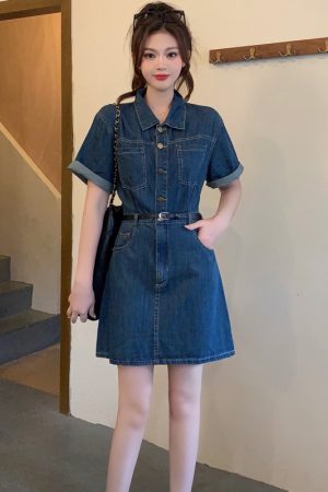 Plus-Size Vintage Denim Dress for Women, Summer A-Line Skirt, Flattering Fit, Chic Hong Kong Style, Perfect for Curvy Figures