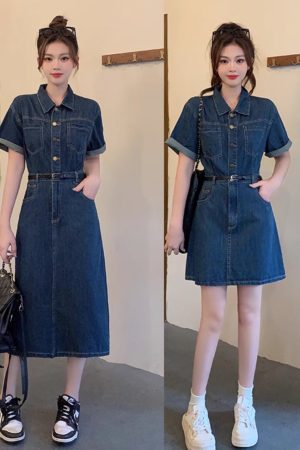 Plus-Size Vintage Denim Dress for Women, Summer A-Line Skirt, Flattering Fit, Chic Hong Kong Style, Perfect for Curvy Figures