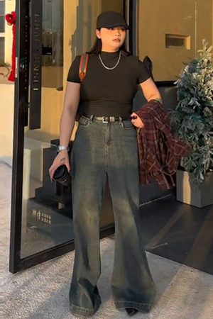 Plus Size Vintage French Style Slimming Black Half-High Neck Short Sleeve Top - Trendy Summer T-Shirt for Women