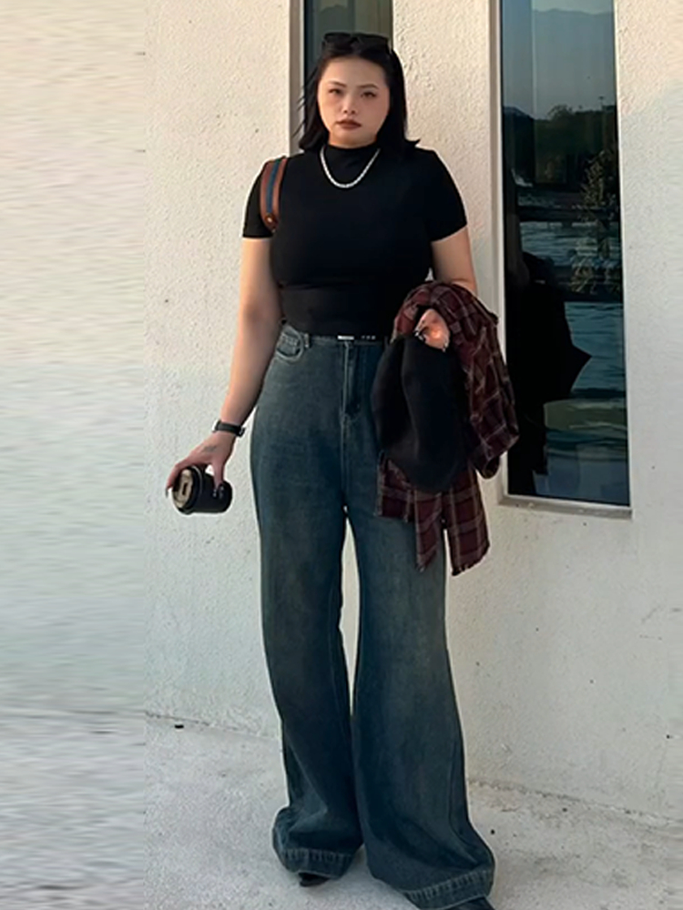 Plus Size Vintage French Style Slimming Black Half-High Neck Short Sleeve Top - Trendy Summer T-Shirt for Women Plus Size Vintage French Style Slimming Black Half-High Neck Short Sleeve Top - Trendy Summer T-Shirt for Women