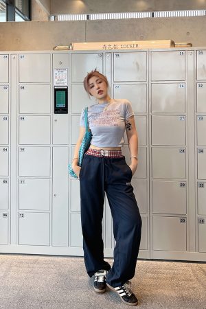 Plus Size Vintage Plaid Fake Two-Piece Casual Wide-Leg Long Pants for Women - Loose Straight-Leg Sports Trousers