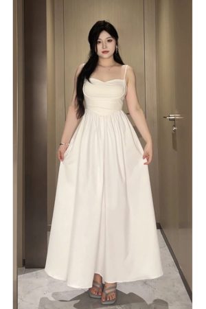Plus-Size White Camisole Dress for Curvy Figures - French Style, Waist-Cinching, Flattering Sleeveless Summer Dress