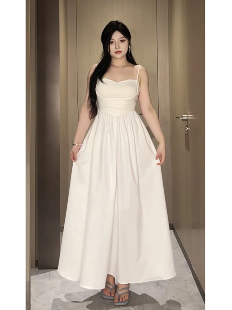 Plus-Size White Camisole Dress for Curvy Figures - French Style, Waist-Cinching, Flattering Sleeveless Summer Dress Plus-Size White Camisole Dress for Curvy Figures - French Style, Waist-Cinching, Flattering Sleeveless Summer Dress