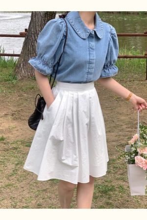 Plus-Size White High-Waisted A-Line Half Skirt for Pear-Shaped Women, Summer Mid-Length Style for Curvy Figures and Thick Thighs