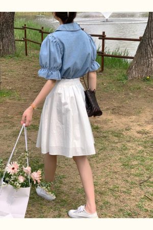 Plus-Size White High-Waisted A-Line Half Skirt for Pear-Shaped Women, Summer Mid-Length Style for Curvy Figures and Thick Thighs