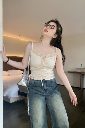 Plus Size White Lace Edge Layered Camisole Tank Top - Slightly Chubby Inner Layer, Perfect for Y2K and Korean Style Outfits