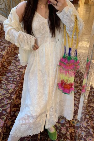 Plus Size White Lace Pocket Camisole Dress for Women - Spring Summer 2025 Long Dress for Curvy Figures, Y2K Style