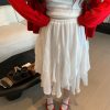 Plus-Size White Layered Chiffon Mesh Skirt, Irregular Hem, Manga-Style Sweet Bean Design, Trendy Korean Fashion