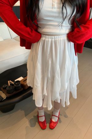 Plus-Size White Layered Chiffon Mesh Skirt, Irregular Hem, Manga-Style Sweet Bean Design, Trendy Korean Fashion