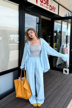 Plus Size Wide-Leg Long Pants in Lazy Blue - Minimalist French Style Casual Trousers for Commuting and Everyday Wear