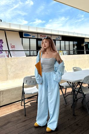 Plus Size Wide-Leg Long Pants in Lazy Blue - Minimalist French Style Casual Trousers for Commuting and Everyday Wear