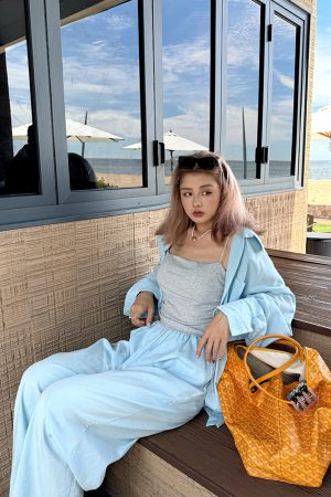 Plus Size Wide-Leg Long Pants in Lazy Blue - Minimalist French Style Casual Trousers for Commuting and Everyday Wear