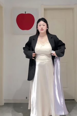 Plus-Size Women's Acetate Satin High-Waisted Midi Skirt - Versatile Solid Color for Spring 2025, Perfect for Curvy Styles