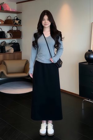 Plus-Size Women's Black High-Waisted Summer Skirt - Flattering Draped Long Design with Slit for Curvy Figures