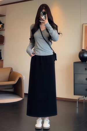 Plus-Size Women's Black High-Waisted Summer Skirt - Flattering Draped Long Design with Slit for Curvy Figures