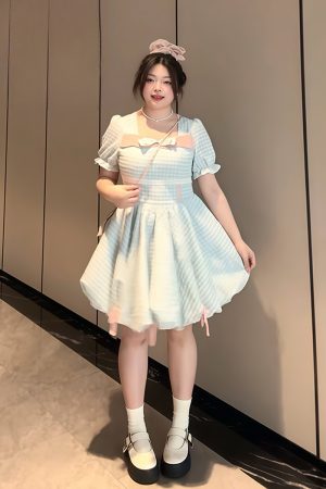 Plus-Size Women's Blue Plaid Short Sleeve Dress with Bow - Flattering Waist-Cinching Design for Summer 2025, Perfect for Curvy Figures