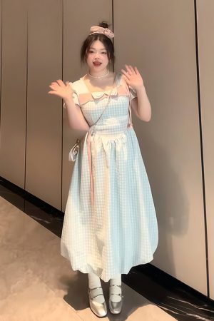 Plus-Size Women's Blue Plaid Short Sleeve Dress with Bow - Flattering Waist-Cinching Design for Summer 2025, Perfect for Curvy Figures