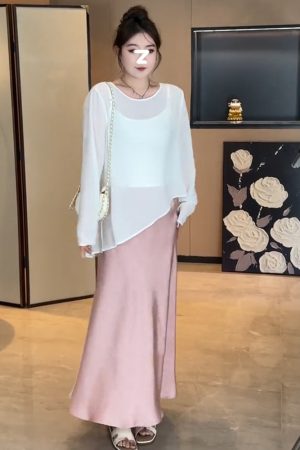 Plus-Size Women's Butterfly Hollow Back Top and Satin Fishtail Skirt Set - Sun-Protective Summer Fashion