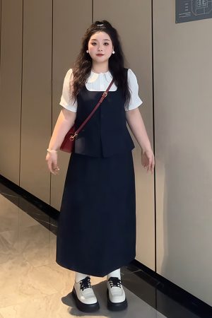 Plus-Size Women's College Style Fake Two-Piece Shirt and Half Skirt Summer Fashion Set for a Flattering Look