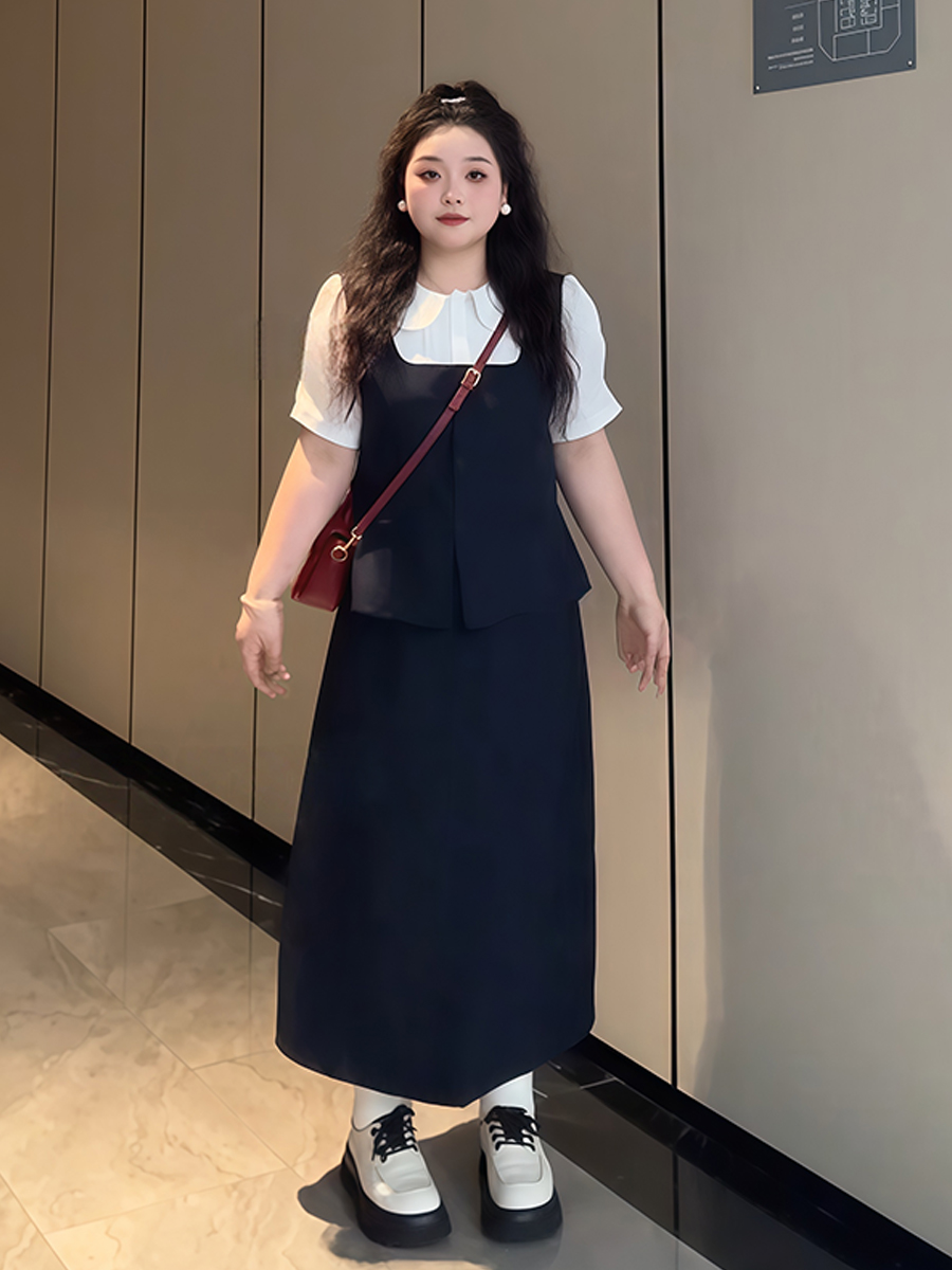 Plus-Size Women's College Style Fake Two-Piece Shirt and Half Skirt Summer Fashion Set for a Flattering Look Plus-Size Women's College Style Fake Two-Piece Shirt and Half Skirt Summer Fashion Set for a Flattering Look