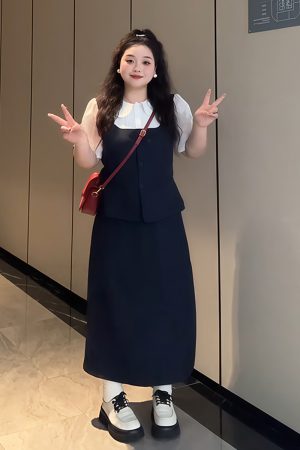 Plus-Size Women's College Style Fake Two-Piece Shirt and Half Skirt Summer Fashion Set for a Flattering Look