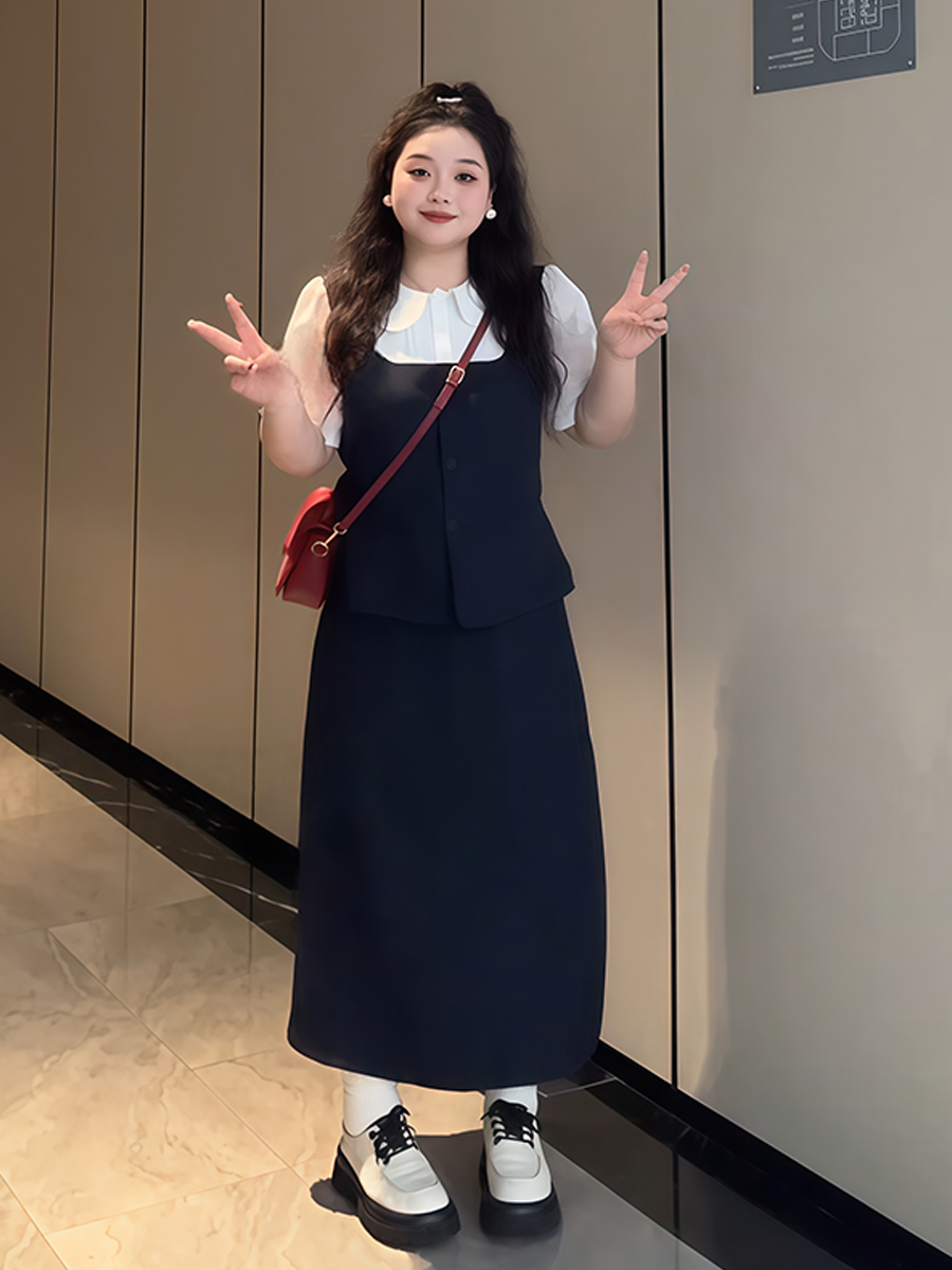 Plus-Size Women's College Style Fake Two-Piece Shirt and Half Skirt Summer Fashion Set for a Flattering Look Plus-Size Women's College Style Fake Two-Piece Shirt and Half Skirt Summer Fashion Set for a Flattering Look