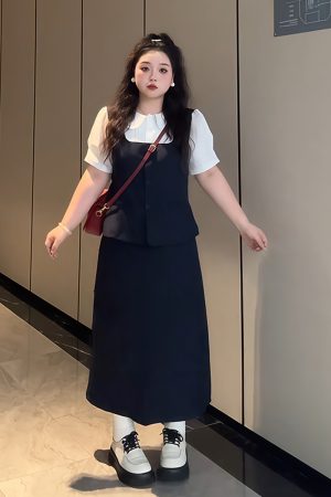 Plus-Size Women's College Style Fake Two-Piece Shirt and Half Skirt Summer Fashion Set for a Flattering Look